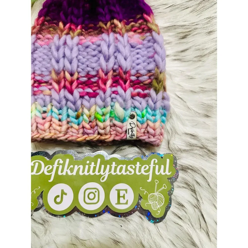 Handmade Neon Merino Wool Beanie: Colorful Winter Hat with Faux Fur Pom
